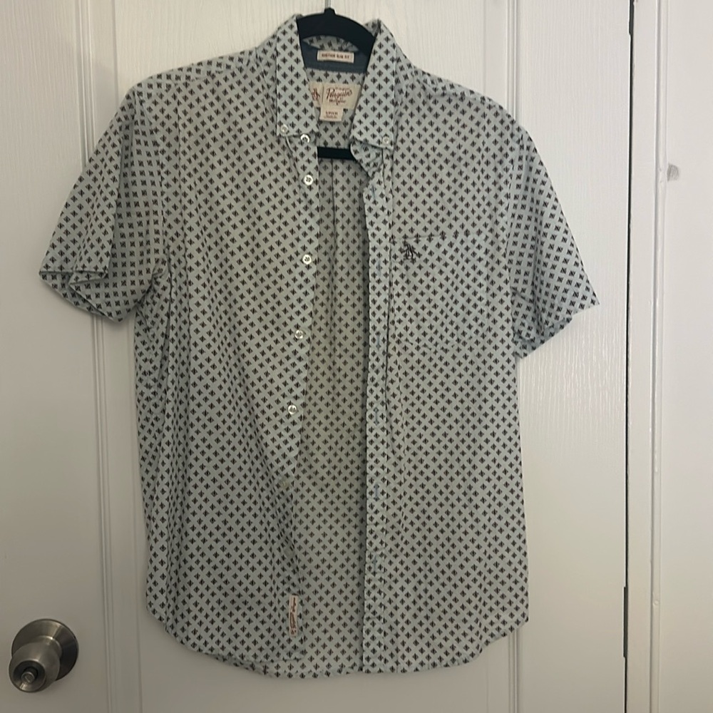light blue patterned Penguin short sleeve button up